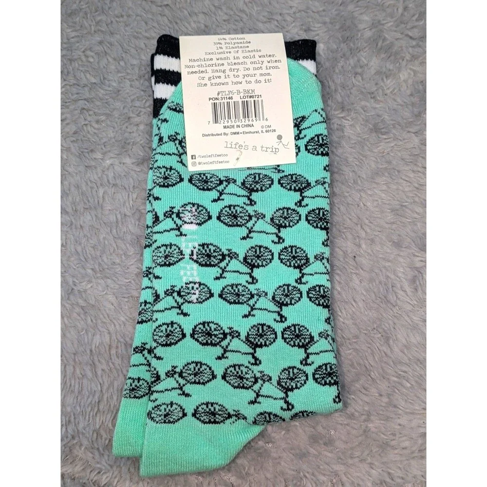 Two Left Feet Bike Me Novelty Crew Socks Aqua Big Feet Men's 8.5–13